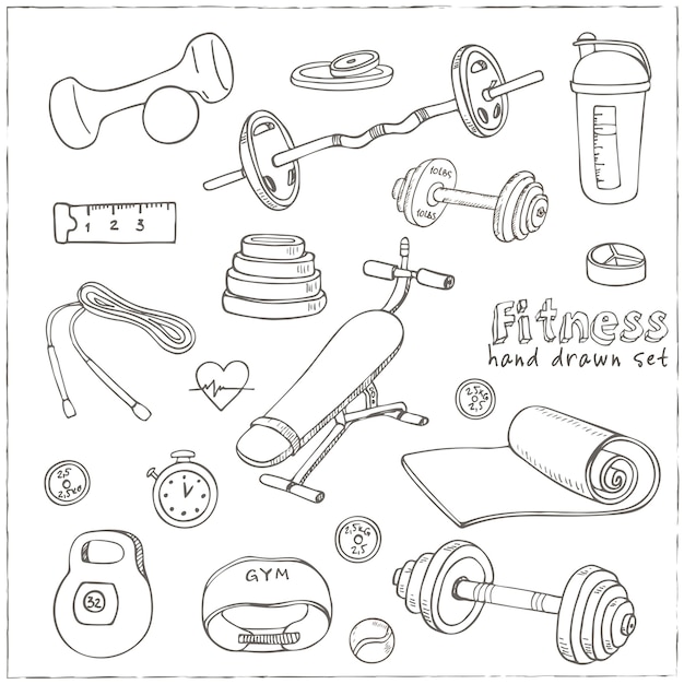 Conjunto de ícones de esboço de dieta e saúde de musculação Fitness.
