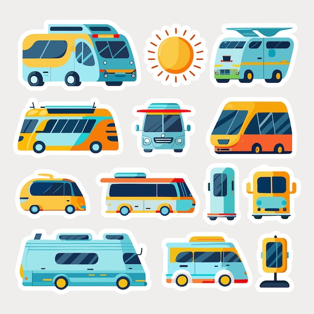 Conjunto de ícones de estilo de adesivo ecológico ou de ônibus elétrico