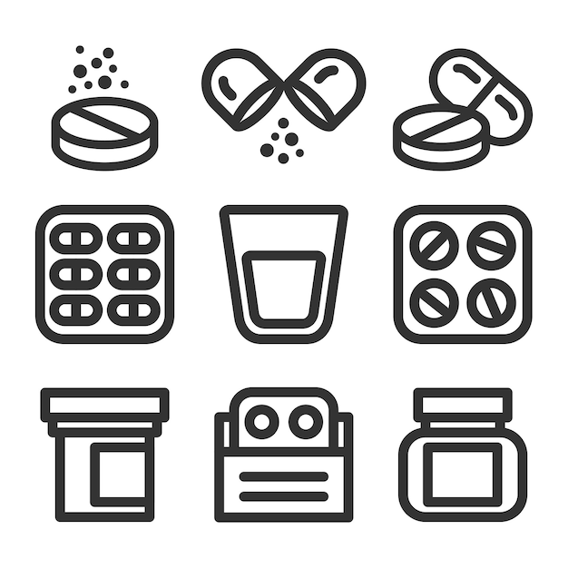 Conjunto de ícones de estilo de linha vetorial de remédios e pílulas