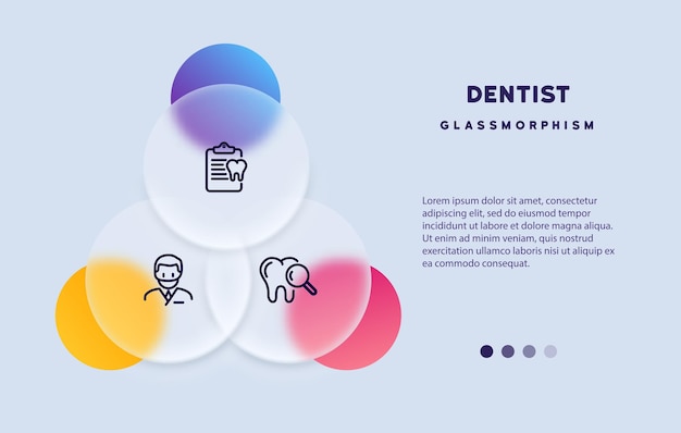 Conjunto de ícones de estomatologia dentes de dentista e ícone de cartão médico conceito de cuidados de saúde estilo de morfismo de vidro ícone de linha vetorial para negócios e publicidade