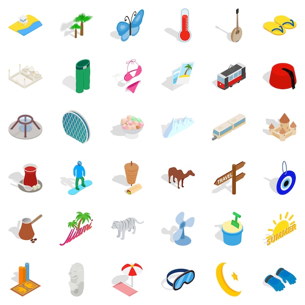Conjunto de ícones de férias de mar, estilo isométrico