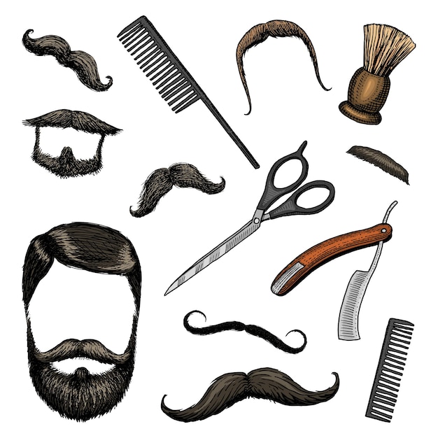 Conjunto de ícones de ferramentas de barbearia homem ou hipster moda cabelo e barba e bigode escova e navalha para barbear gravado à mão desenhado no antigo esboço vintage