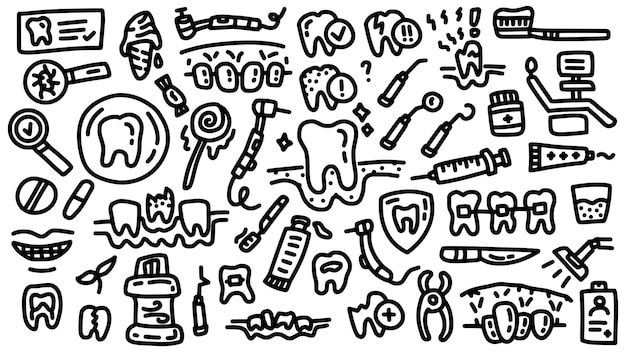 Vetor conjunto de ícones de ferramentas de cirurgia dentária e dentes com coleção de vetores de estilo de arte de contorno desenhado à mão doodle