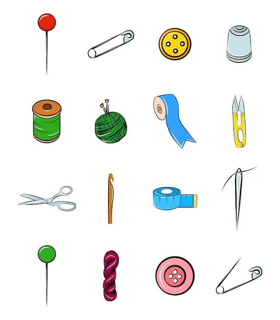 Conjunto de ícones de ferramentas de costura feitas à mão vetor clip art de desenho animado elementos gráficos agulha fio gancho tesoura fita botão pino roleta