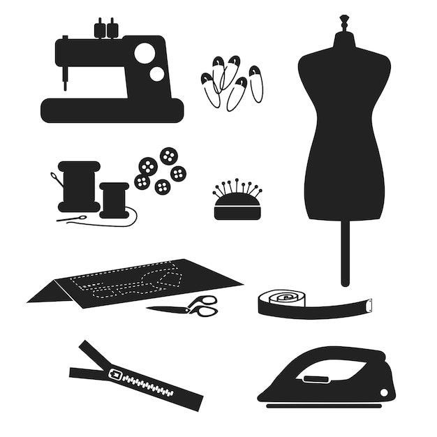 Vetor conjunto de ícones de ferramentas e materiais sewing isolado no fundo branco.