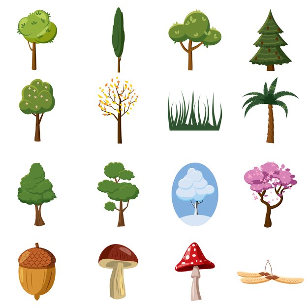 Conjunto de ícones de floresta, estilo cartoon