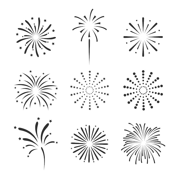 Conjunto de ícones de fogos de artifício Fogos de artifício com estrelas e faíscas isoladas em fundo branco