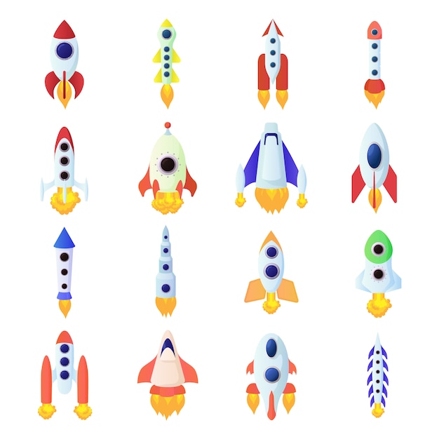 Vetor conjunto de ícones de foguete no estilo cartoon isolado
