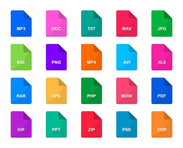 Conjunto de ícones de formatos de arquivo ícones de tipo de arquivo formato de documentos e extensão de arquivos para interface do usuário