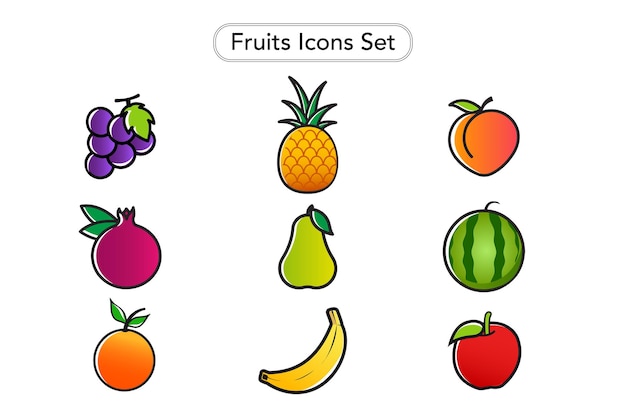 Conjunto de ícones de frutas. coleção de cliparts de frutas. conjunto de adesivos de frutas.