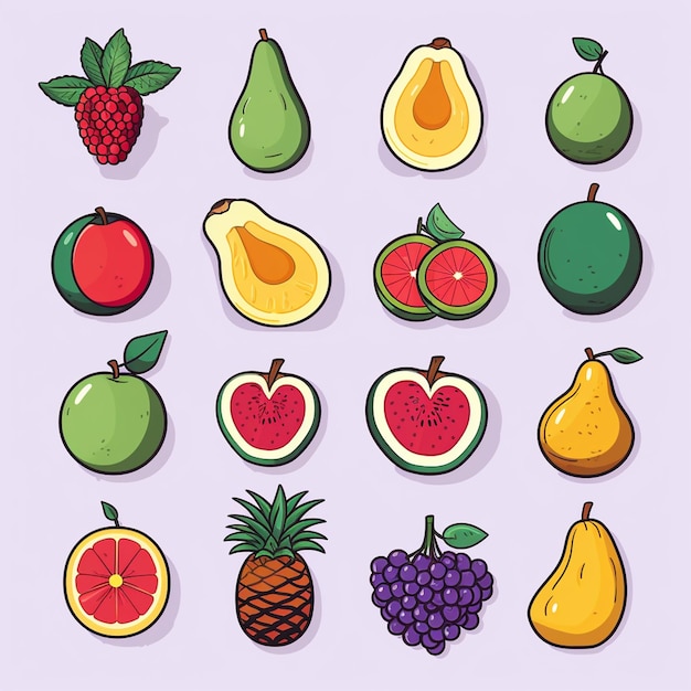 Conjunto de ícones de frutas de várias frutas de desenho animado coloridas