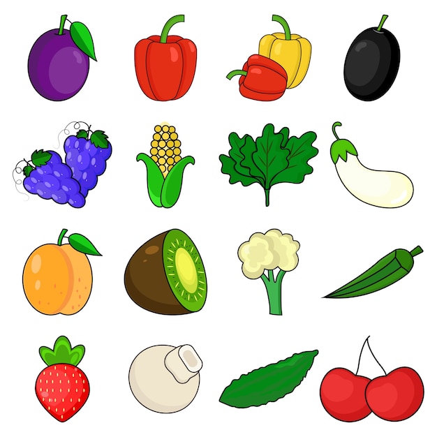 Conjunto de ícones de frutas e legumes