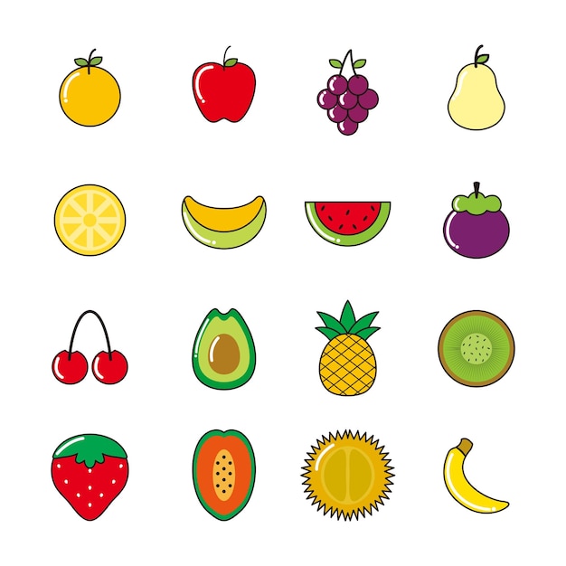 Conjunto de ícones de frutas frescas ilustração vetorial isolada de coleção