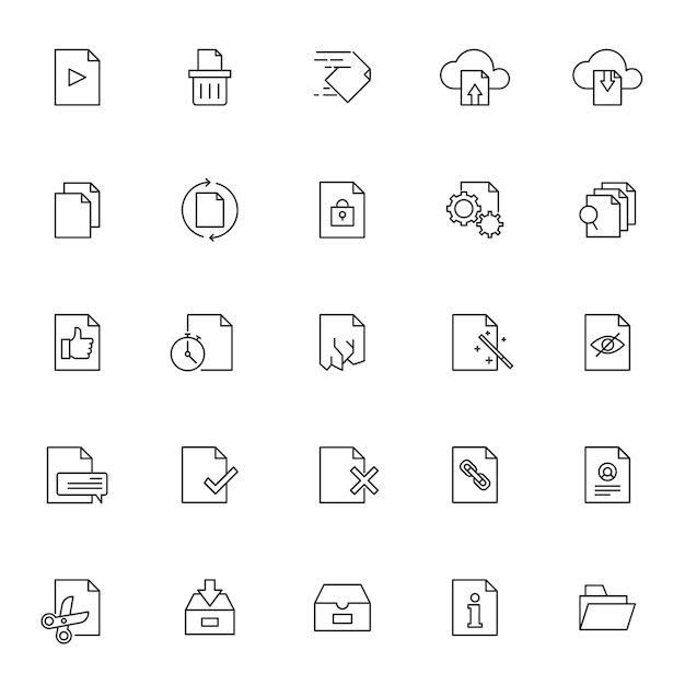 Conjunto de ícones de gerenciamento de documentos com contorno simples