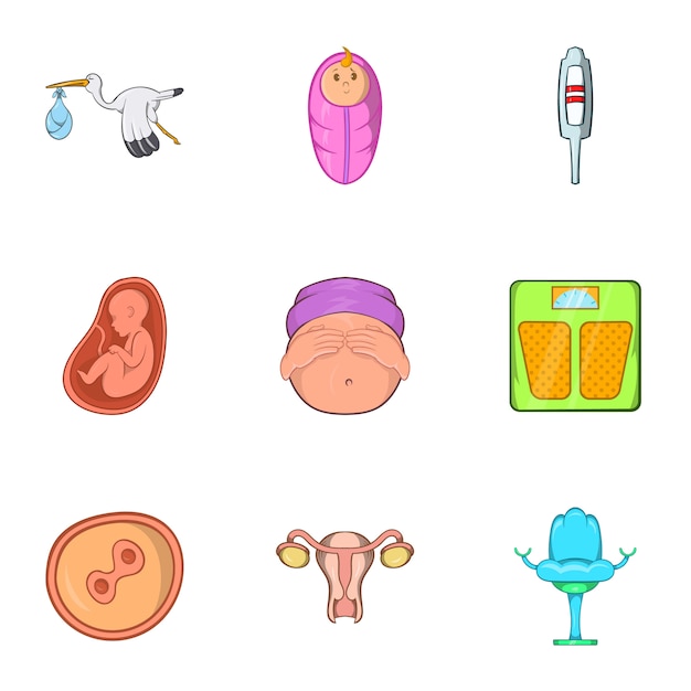 Conjunto de ícones de gravidez, estilo cartoon