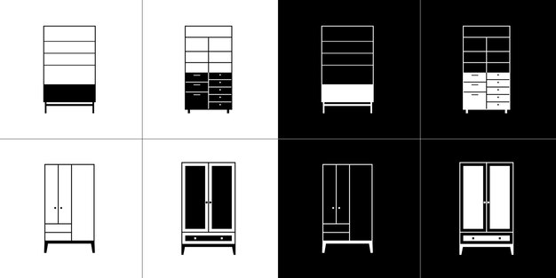 Conjunto de ícones de guarda-roupa ícones preto e branco em fundo preto e branco