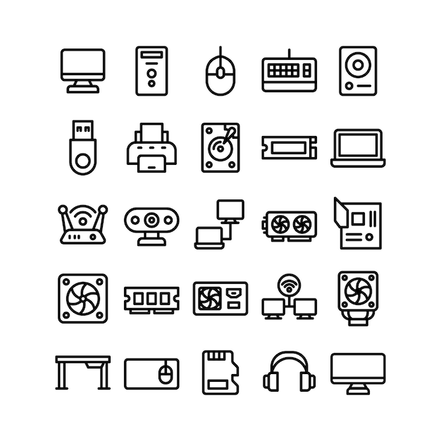 Conjunto de ícones de hardware de PC delineado