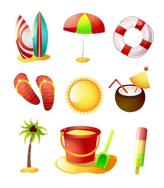 Conjunto de ícones de horário de verão, praia de areia quente, feliz feriado