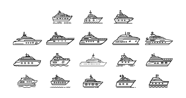 Vetor conjunto de ícones de iates iates a motor barcos ícones lineares ícones de barcos ilustração vetorial