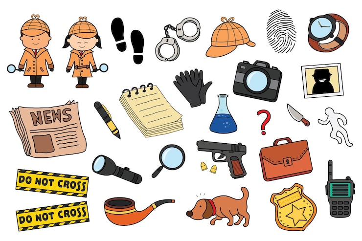 Vetor conjunto de ícones de ilustração vetorial de vários inspetores de detetives da polícia ou equipamentos de investigadores particulares