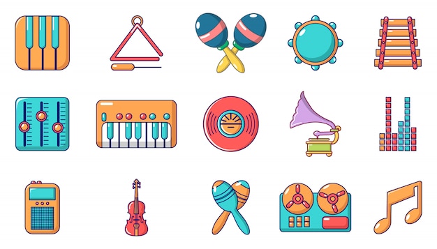 Conjunto de ícones de instrumentos musicais. conjunto de desenhos animados de ícones do vetor de instrumento musical conjunto isolado