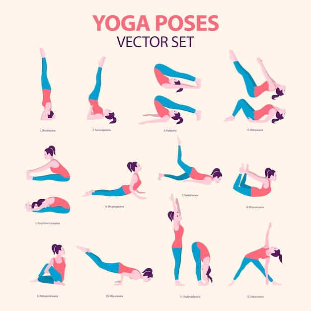 Conjunto de ícones de ioga feminino em estilo simples ilustração vetorial de mulher bonita dos desenhos animados em várias poses básicas de coleção de ioga isolada