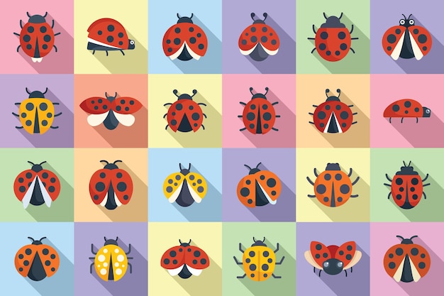 Conjunto de ícones de joaninha de insetos vetor plano mosca de criança