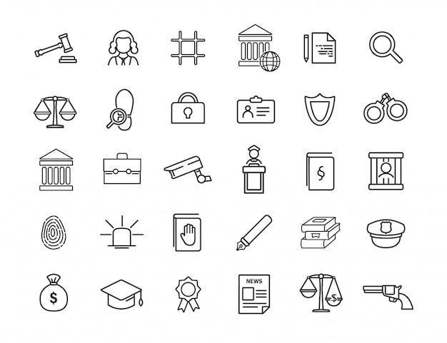 Vetor conjunto de ícones de jurisprudência linear. ícones de direito em design simples.