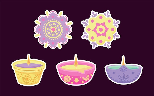 Conjunto de ícones de lâmpadas diwali diya