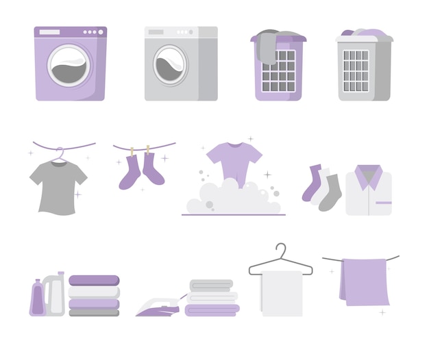 Vetor conjunto de ícones de lavanderia isolados e ilustração vetorial de cliparts.