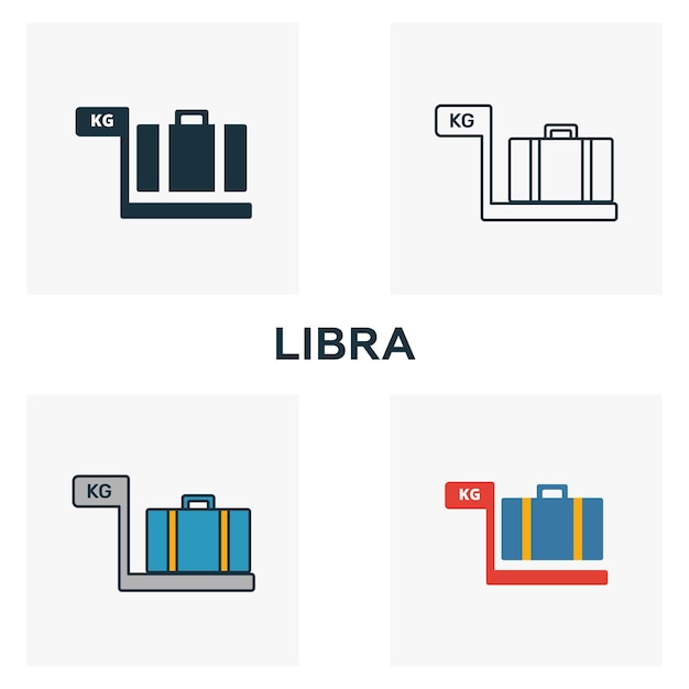 Conjunto de ícones de libra quatro elementos em diferentes estilos da coleção de ícones de aeroporto ícones de libra criativos cheios de contornos coloridos e símbolos planos