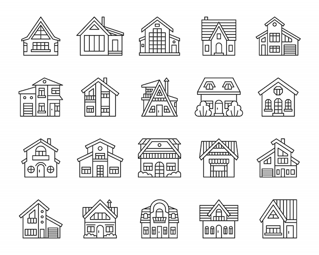 Vetor conjunto de ícones de linha casa, construção exterior, sinal linear simples do município de casa de campo.