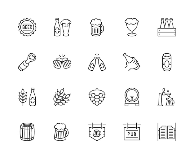 Conjunto de ícones de linha de cerveja. tampa de garrafa, caneca, abridor, grão de trigo, cone de lúpulo e muito mais.