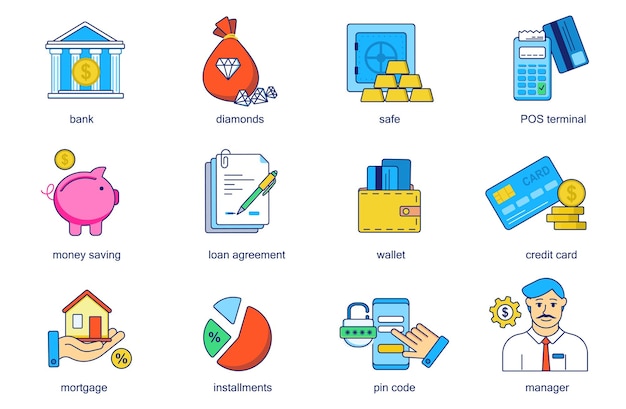 Conjunto de ícones de linha de conceito bancário embale pictogramas de contorno de dinheiro de terminal pos seguro de diamante bancário