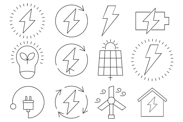 Vetor conjunto de ícones de linha de eletricidade luz atual tesla soquete energia lâmpada elétron relâmpago fios lâmpada ícone vetor de tensão para negócios e publicidade