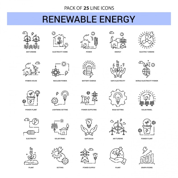 Conjunto de ícones de linha de energia renovável - 25 estilo de contorno esboçado