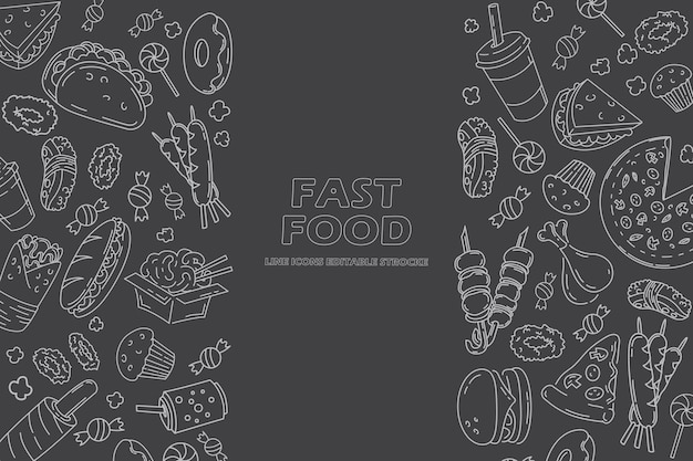 Conjunto de ícones de linha de fast food doodles no menu preto ou design de pacote de alimentos ilustração vetorial editável stroke