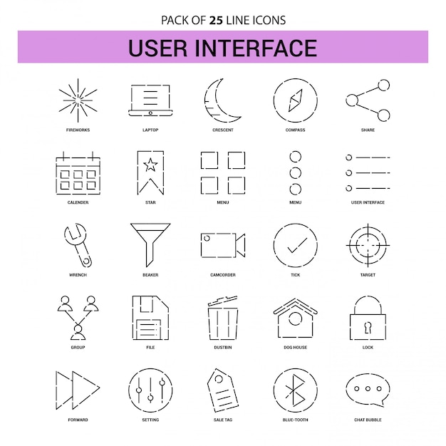 Conjunto de ícones de linha de interface de usuário - 25 estilo de contorno tracejado