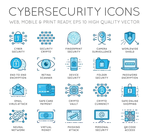 Conjunto de ícones de linha fina de segurança cibernética proteção de rede de computadores coleção de símbolos de contorno premium de alta qualidade conceito de logotipo de vetor de cursocibersegurança