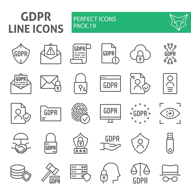 Conjunto de ícones de linha gdpr, coleção de regulamento de proteção de dados geral