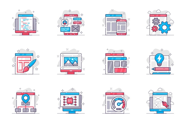 Conjunto de ícones de linha plana de conceito de design e desenvolvimento criação e otimização de sites para aplicativos móveis