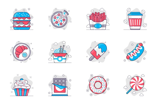 Conjunto de ícones de linha plana de conceito de fast food alimentos e doces saborosos e não saudáveis para aplicativo móvel