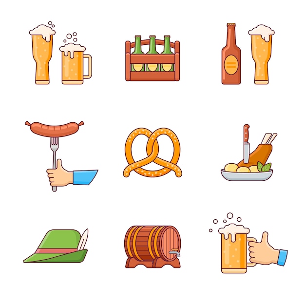 Conjunto de ícones de linha plana festival Oktoberfest cerveja.