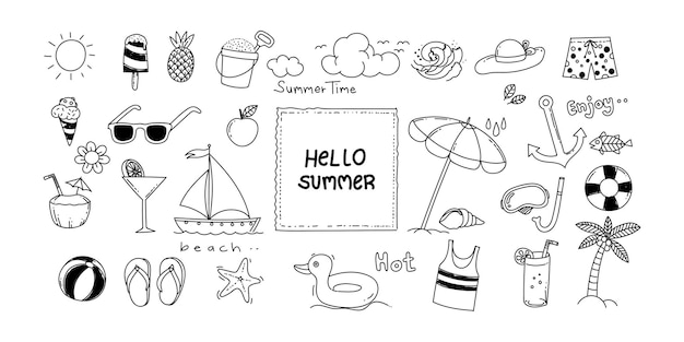 Conjunto de ícones de linhas de verão desenhando ilustração vetorial em fundo branco