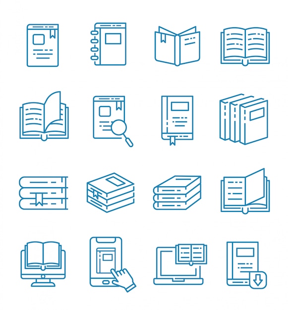 Conjunto de ícones de livro e e-book com estilo de estrutura de tópicos