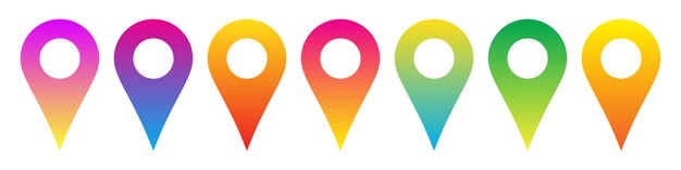 Conjunto de ícones de localização coloridos. Ícones do ponteiro do mapa. Ícones de navegação em cores. ilustração.