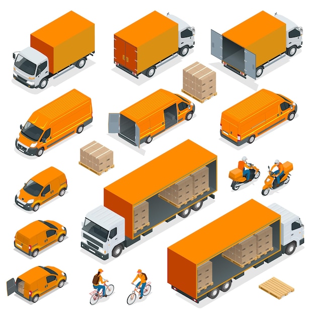 Conjunto de ícones de logística isométrica de diferentes veículos de distribuição de transporte, elementos de entrega. transporte de carga isolado no fundo branco.