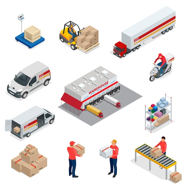 Conjunto de ícones de logística isométrica de diferentes veículos de distribuição de transporte, elementos de entrega. veículos projetados para transportar grandes números.