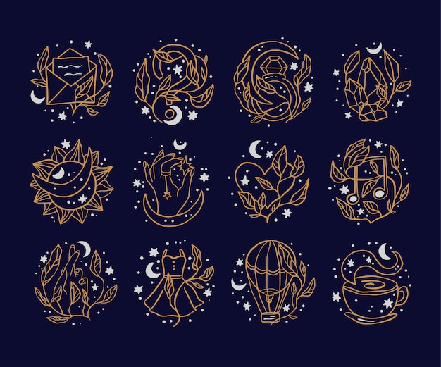 Conjunto de ícones de logotipo mágico boho bohemian astronomia alquimia design