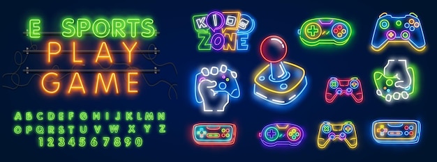Vetor conjunto de ícones de luz de neon esports jogo de torneio de videogame para dispositivos de computador de tiro de jogador e equipe